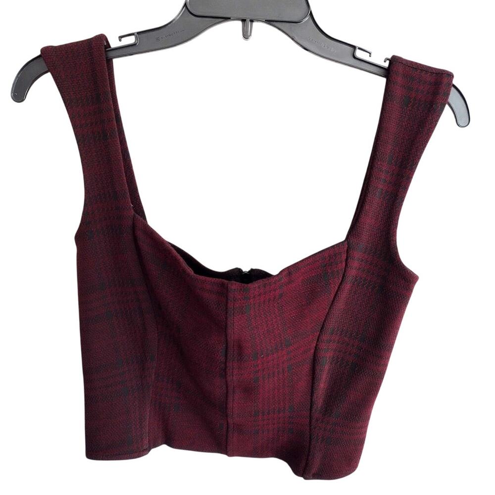 ONA by Yoon Chung NEW Madison Burgundy Plaid Bustier Zip-Back Crop Top Small
